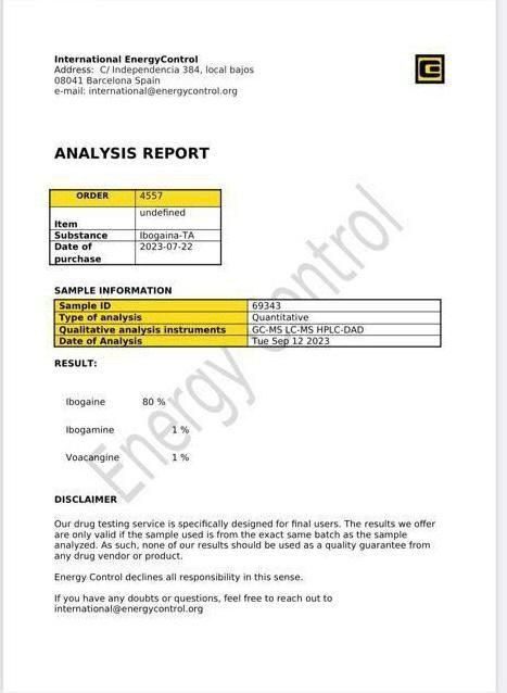 80% Ibogaine, 1% Ibogamine, 1% Voacangine - Quantitative  Analysis