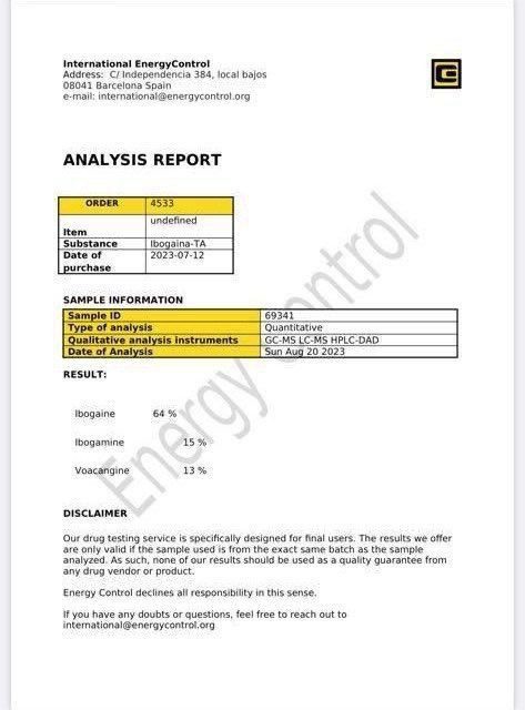 80% Ibogaine, 6% Ibogamine, 1% Voacangine - Quantitative  Analysis
